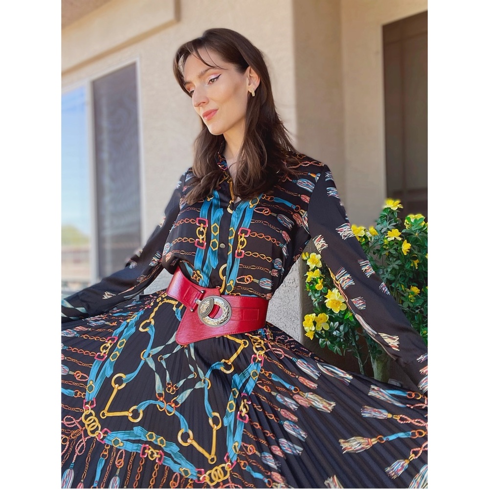 ZARA BLOGGER FAVE Black & Blue Chain Scarf Printed Long Tunic Blouse Top XS - Picture 14 of 17